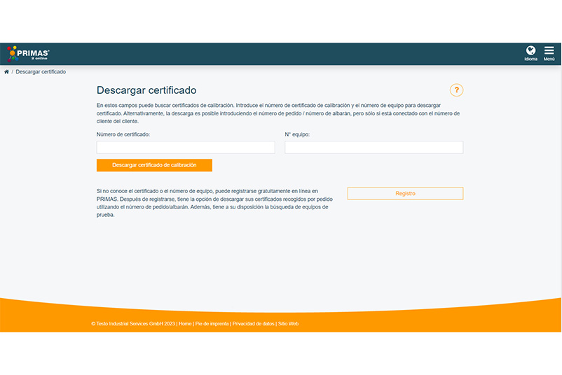 Área de entrada para la descarga de certificados en PRIMAS online