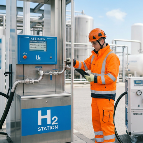 Calibración de caudalímetros de hidrógeno Persona que realiza tareas de mantenimiento en una estación de servicio de hidrógeno
