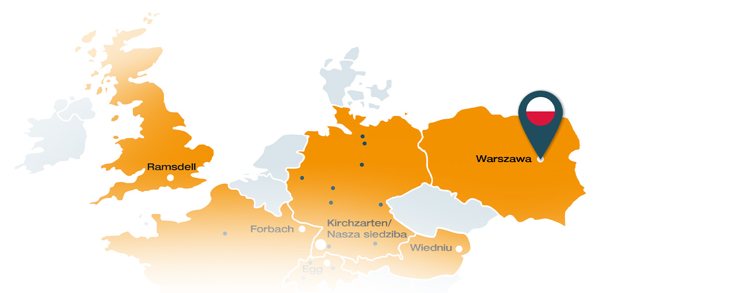 Un alfiler marca nuestra nueva ubicación en Polonia en un mapa.